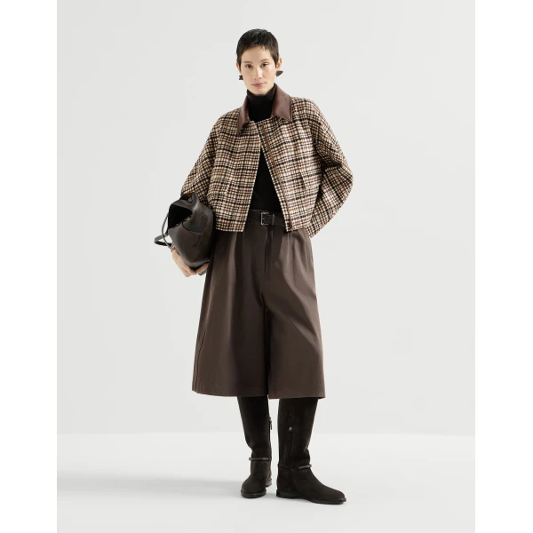 Brunello Cucinelli Checked jacket with leather collar in Brown