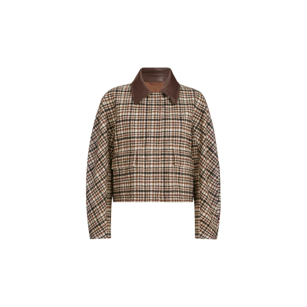 Checked jacket with leather collar in Brown