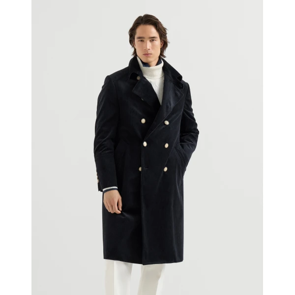 Brunello Cucinelli Comfort cotton and cashmere coat in Navy Blue, view 2 | Coats | Coveti