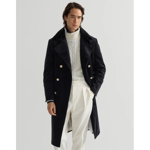 Brunello Cucinelli Comfort cotton and cashmere coat in Navy Blue, view 5 | Coats | Coveti
