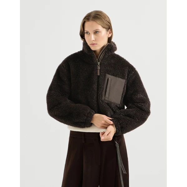Brunello Cucinelli Cropped outerwear jacket with monili in Coffee, view 2 | Jackets | Coveti