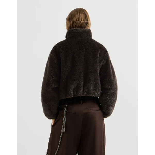 Brunello Cucinelli Cropped outerwear jacket with monili in Coffee, view 3 | Jackets | Coveti