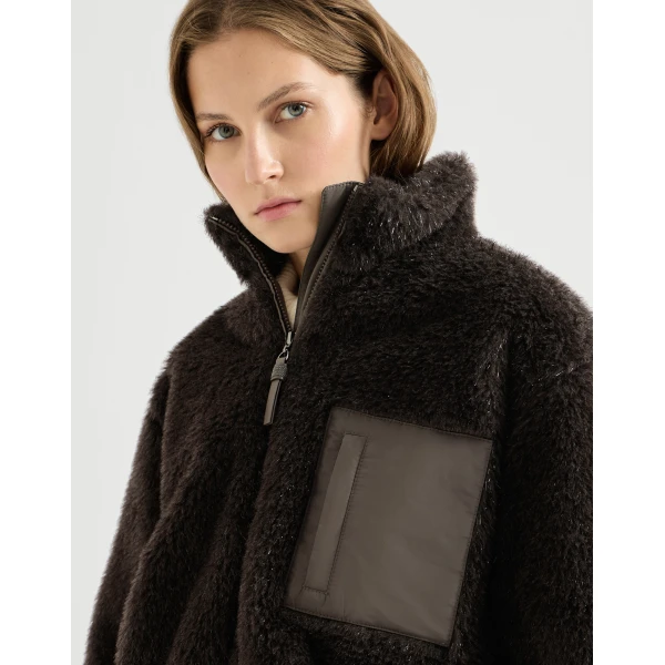 Brunello Cucinelli Cropped outerwear jacket with monili in Coffee, view 4 | Jackets | Coveti