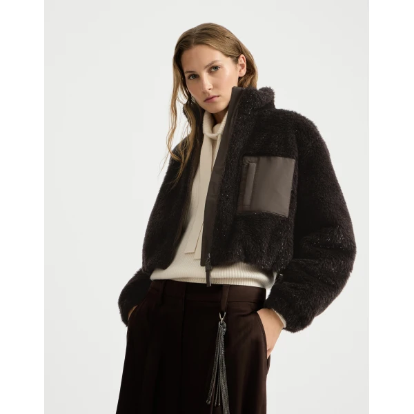 Brunello Cucinelli Cropped outerwear jacket with monili in Coffee, view 5 | Jackets | Coveti