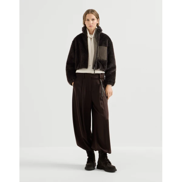 Brunello Cucinelli Cropped outerwear jacket with monili in Coffee, view 6 | Jackets | Coveti