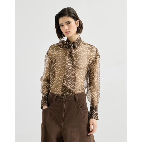 Brunello Cucinelli Dapple organza shirt with Neck Tie in Brown