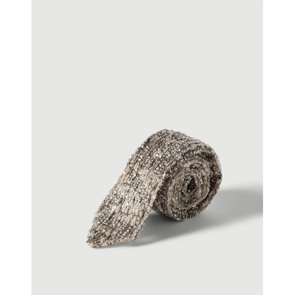 Brunello Cucinelli Dazzling Craquelé Embroidery Tie in Silver, view 2 | Accessories | Coveti