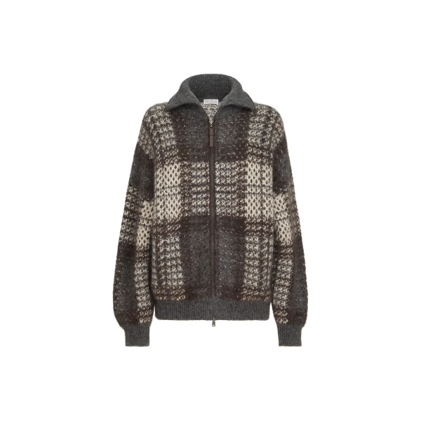 Brunello Cucinelli Dazzling Tartan double knit cardigan in Anthracite
