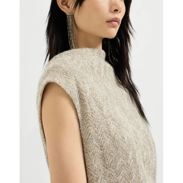Brunello Cucinelli Dazzling chevron embroidery dress in Rope, view 4 | Dresses | Coveti