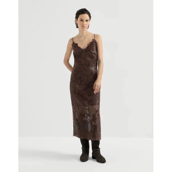 Brunello Cucinelli Dazzling lace embroidery dress in Brown Gianduia, view 2 | Dresses | Coveti