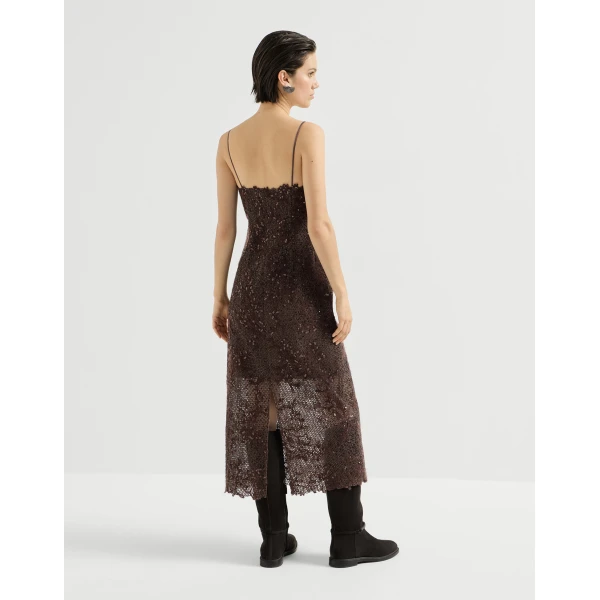 Brunello Cucinelli Dazzling lace embroidery dress in Brown Gianduia, view 3 | Dresses | Coveti