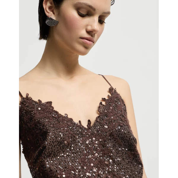 Brunello Cucinelli Dazzling lace embroidery dress in Brown Gianduia, view 4 | Dresses | Coveti