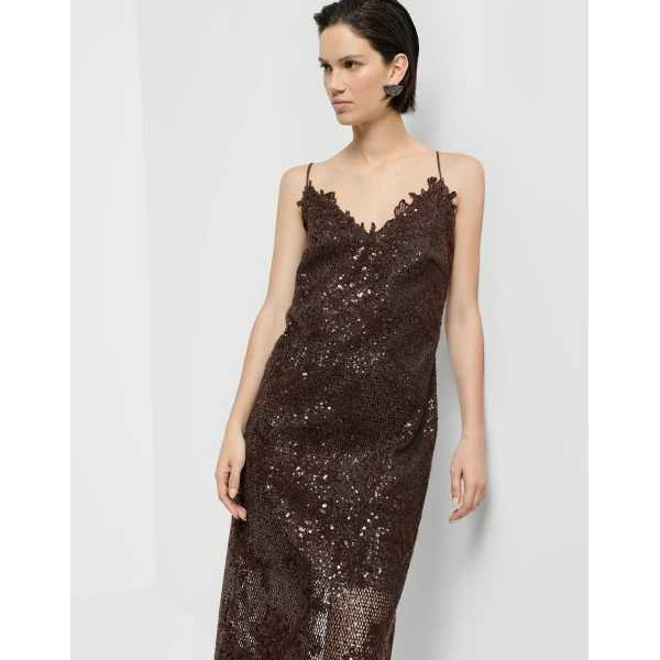 Brunello Cucinelli Dazzling lace embroidery dress in Brown Gianduia, view 5 | Dresses | Coveti