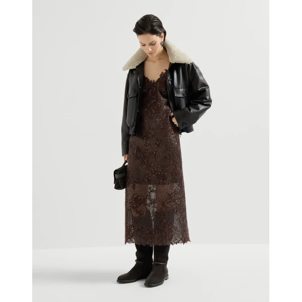Brunello Cucinelli Dazzling lace embroidery dress in Brown Gianduia, view 6 | Dresses | Coveti