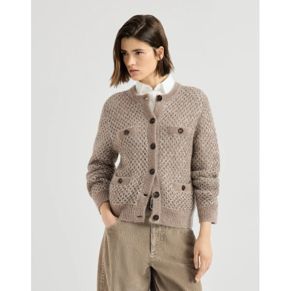 Brunello Cucinelli Dazzling net cardigan in Light Brown, view 2 | Cardigan | Coveti