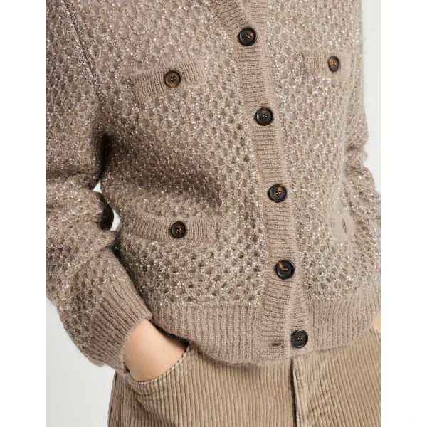 Brunello Cucinelli Dazzling net cardigan in Light Brown, view 4 | Cardigan | Coveti