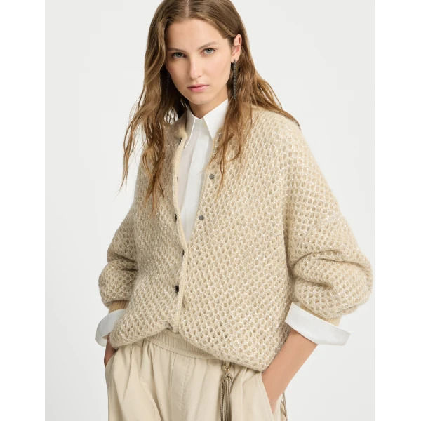 Brunello Cucinelli Dazzling net knit bomber jacket in Cream, view 2 | Jackets | Coveti