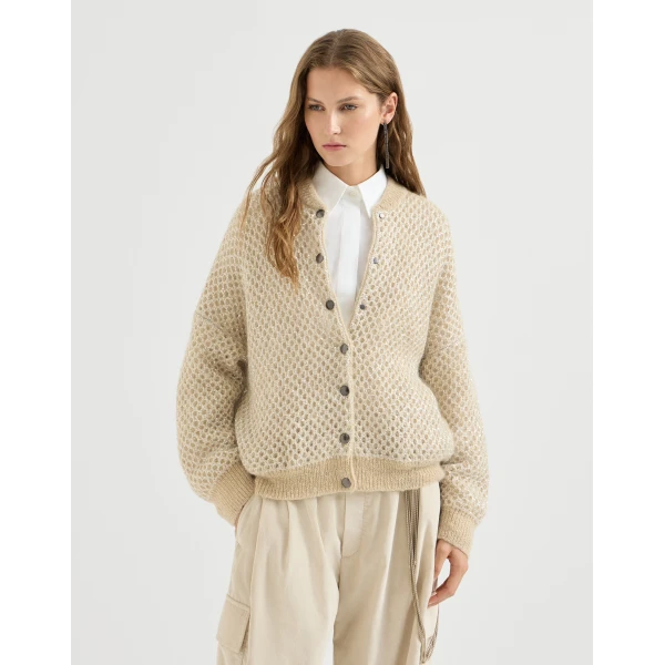 Brunello Cucinelli Dazzling net knit bomber jacket in Cream, view 3 | Jackets | Coveti