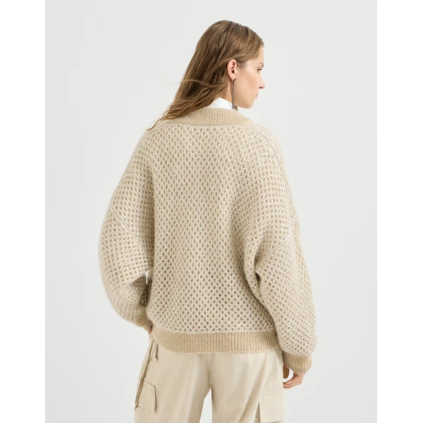 Brunello Cucinelli Dazzling net knit bomber jacket in Cream, view 4 | Jackets | Coveti