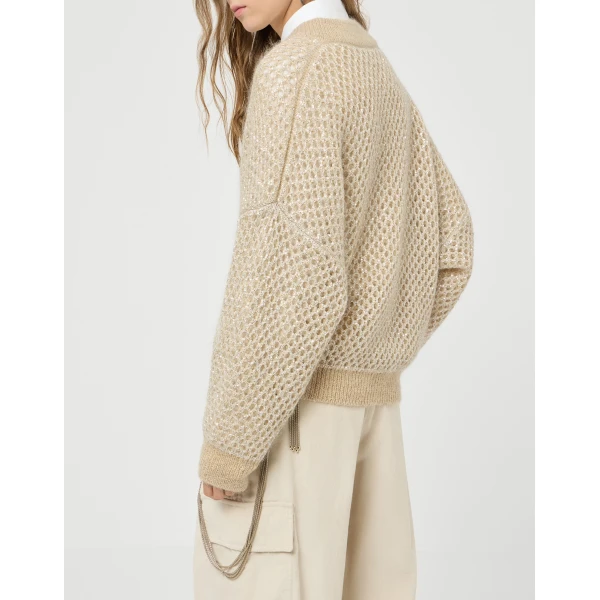 Brunello Cucinelli Dazzling net knit bomber jacket in Cream, view 5 | Jackets | Coveti