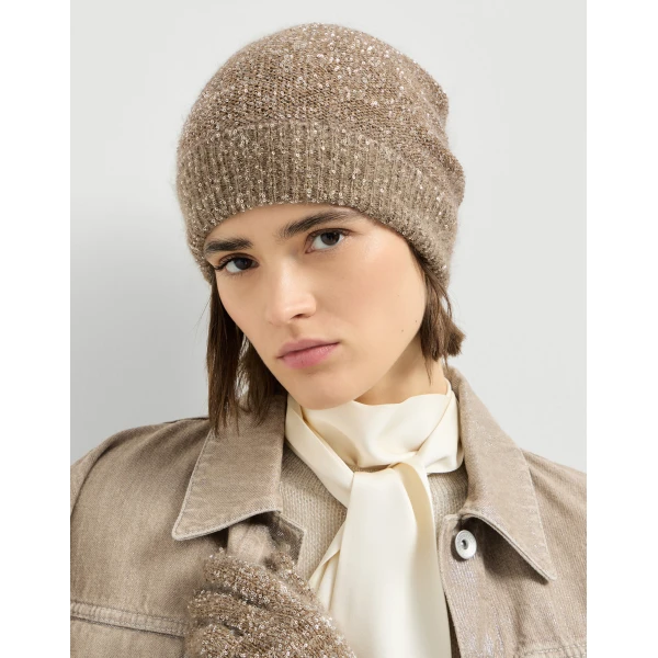 Brunello Cucinelli Dazzling texture beanie in Light Brown, view 3 | Hats | Coveti