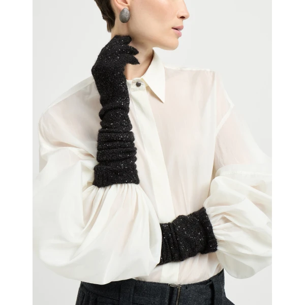 Brunello Cucinelli Dazzling texture knit gloves in Black, view 3 | Gloves | Coveti
