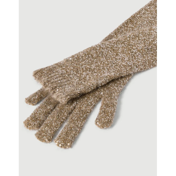 Brunello Cucinelli Dazzling texture knit gloves in Light Brown, view 2 | Gloves | Coveti