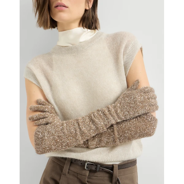 Brunello Cucinelli Dazzling texture knit gloves in Light Brown, view 3 | Gloves | Coveti