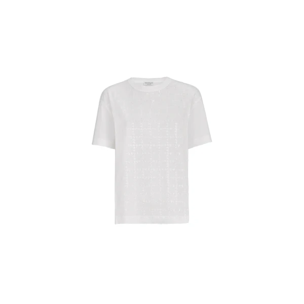 Dazzling windowpane embroidery T-shirt in White