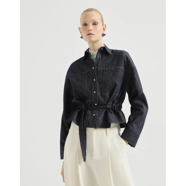 Denim-effect twill cropped shirt in Dark Denim - Image 2