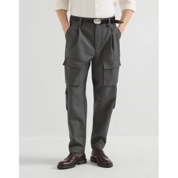 Brunello Cucinelli Diagonal cargo trousers in Stone Grey, view 2 | Pants | Coveti