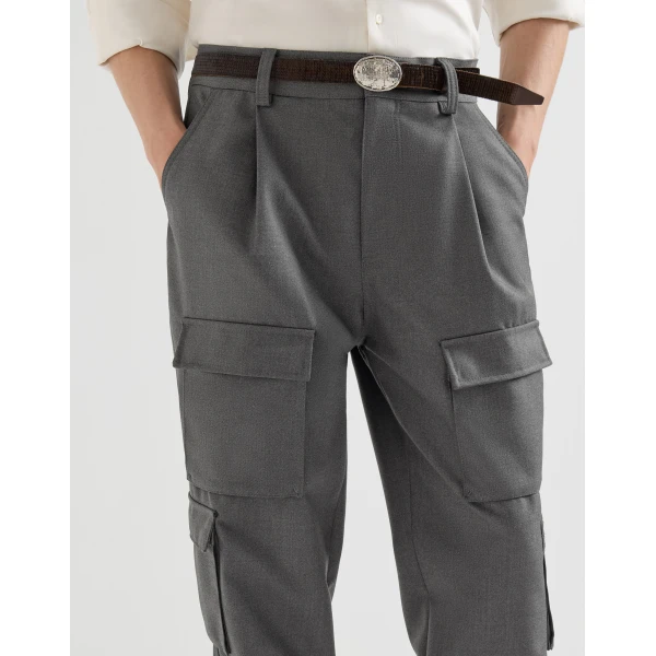 Brunello Cucinelli Diagonal cargo trousers in Stone Grey, view 4 | Pants | Coveti
