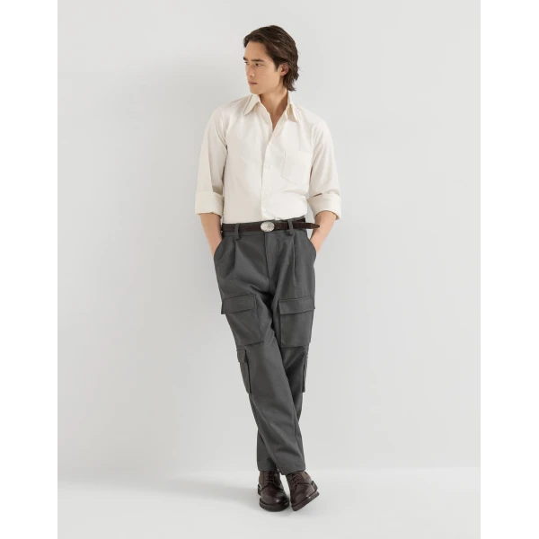 Brunello Cucinelli Diagonal cargo trousers in Stone Grey, view 5 | Pants | Coveti