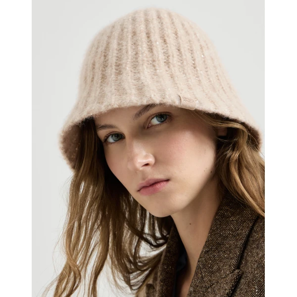 Brunello Cucinelli Diamond yarn rib knit bucket hat in Ecru, view 3 | Hats | Coveti