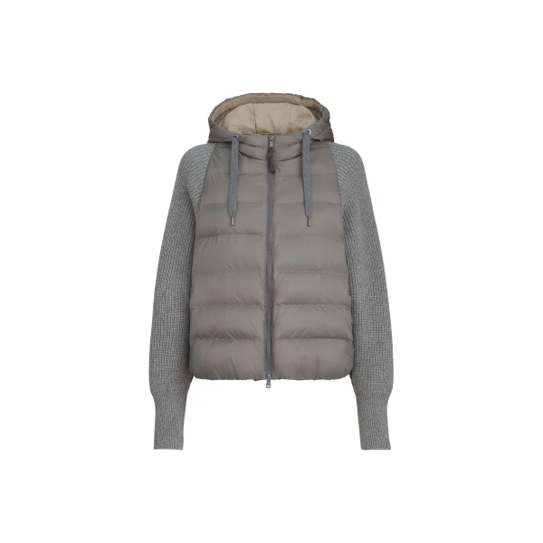 Brunello Cucinelli Down jacket with knitted sleeves and hood in Medium Grey