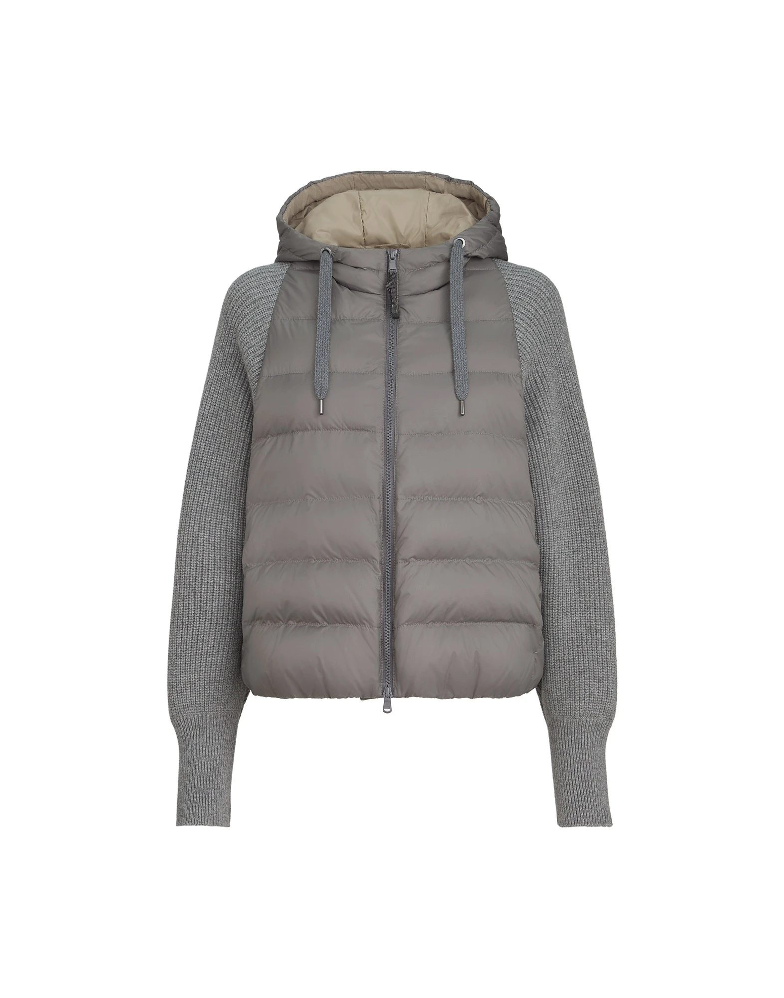 Brunello Cucinelli Down jacket with knitted sleeves and hood in Medium Grey | Buy Jackets at Coveti Brunello Cucinelli Down jacket with knitted sleeves and hood in Medium Grey