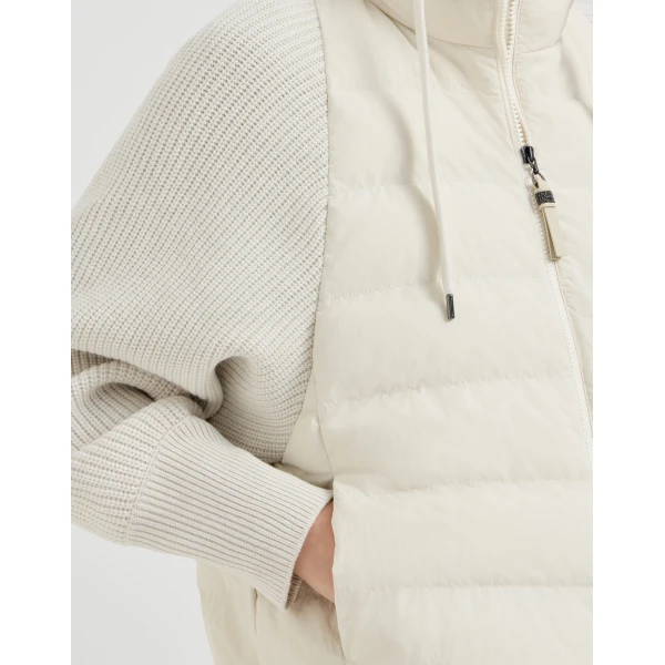 Brunello Cucinelli Down jacket with knitted sleeves and monili in White