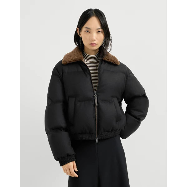 Brunello Cucinelli Down jacket with shearling collar in Black, view 2 | Shearling Jackets | Coveti