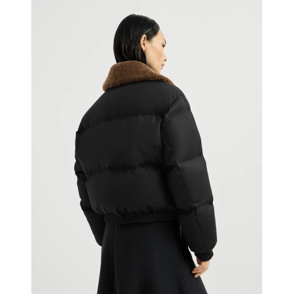 Brunello Cucinelli Down jacket with shearling collar in Black, view 3 | Shearling Jackets | Coveti
