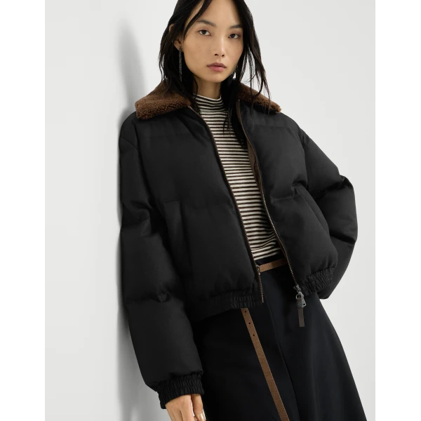 Brunello Cucinelli Down jacket with shearling collar in Black, view 5 | Shearling Jackets | Coveti