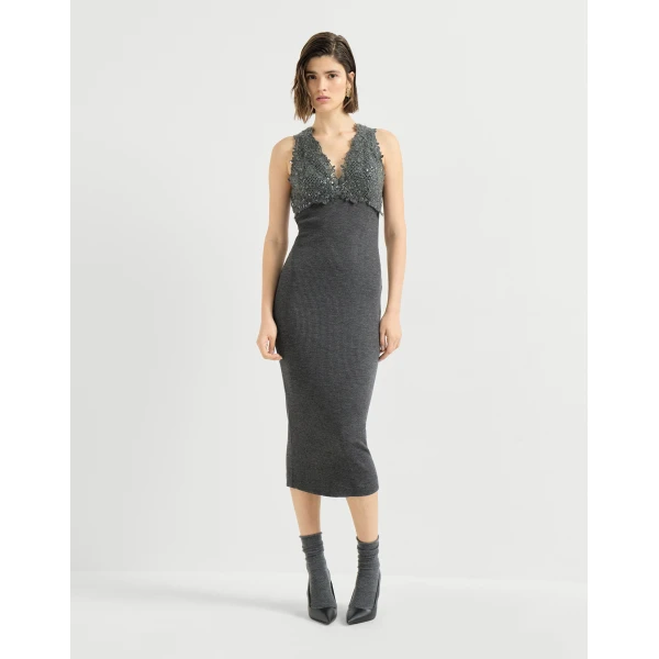 Brunello Cucinelli Dress with dazzling lace embroidery in Lead, view 2 | Dresses | Coveti