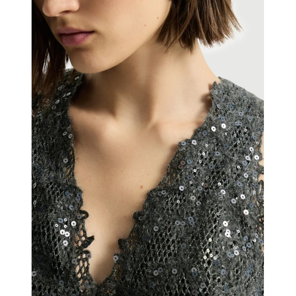 Brunello Cucinelli Dress with dazzling lace embroidery in Lead, view 4 | Dresses | Coveti