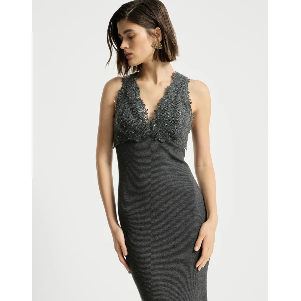 Brunello Cucinelli Dress with dazzling lace embroidery in Lead, view 5 | Dresses | Coveti