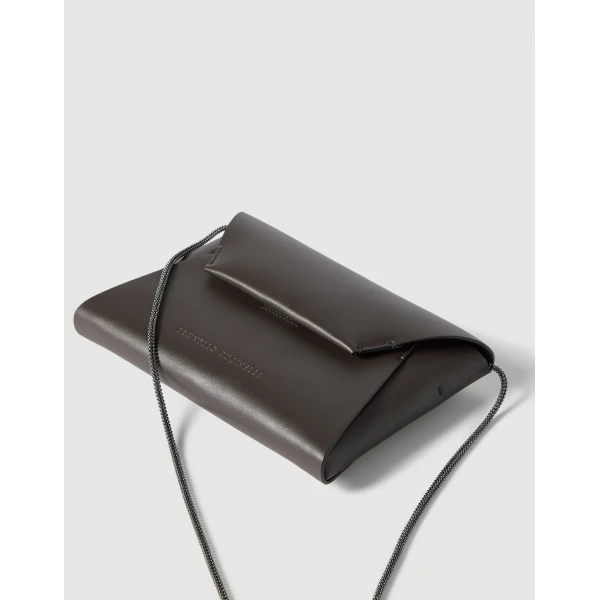Brunello Cucinelli Duo pochette in calfskin with precious chain in Rust Brown, view 3 | Clutch Bags | Coveti