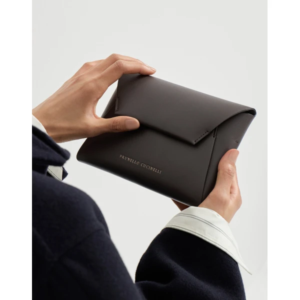 Brunello Cucinelli Duo pochette in calfskin with precious chain in Rust Brown, view 4 | Clutch Bags | Coveti