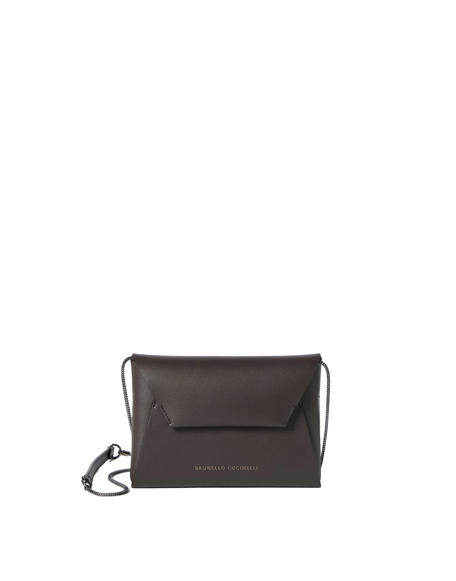 Brunello Cucinelli Duo pochette in calfskin with precious chain in Rust Brown Brunello Cucinelli Duo pochette in calfskin with precious chain in Rust Brown | Clutch Bags | Coveti