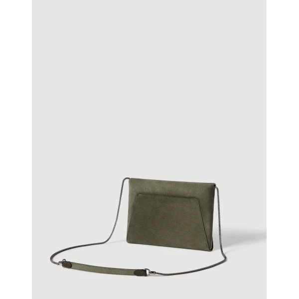 Brunello Cucinelli Duo pochette in suede with precious chain in Green, view 2 | Clutch Bags | Coveti