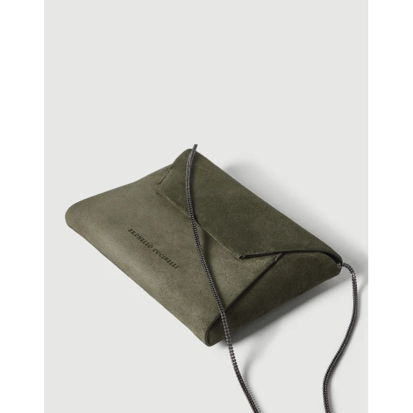 Brunello Cucinelli Duo pochette in suede with precious chain in Green, view 3 | Clutch Bags | Coveti