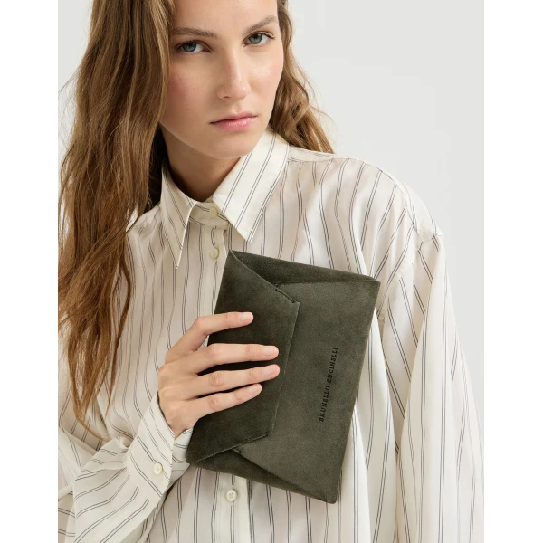 Brunello Cucinelli Duo pochette in suede with precious chain in Green, view 4 | Clutch Bags | Coveti