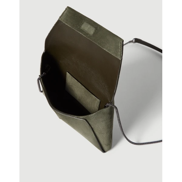 Brunello Cucinelli Duo pochette in suede with precious chain in Green, view 5 | Clutch Bags | Coveti